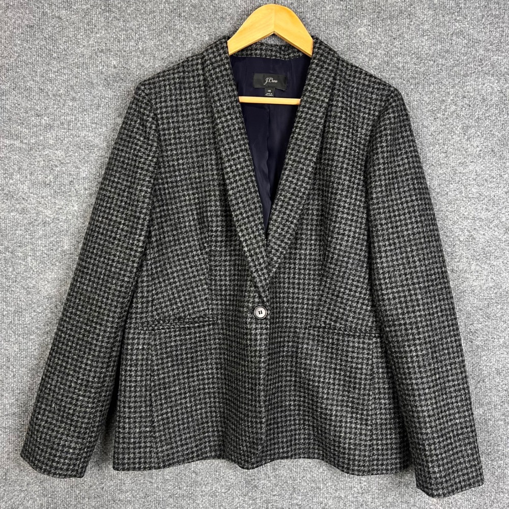 J.Crew Blazer Womens 16 Gray Excellent Wool Houndstooth One Button Jacket